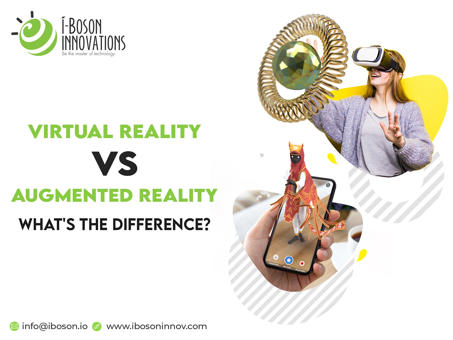 Augmented reality and virtual reality, what's the difference

                       Infographic - difference between AR and VR
                       